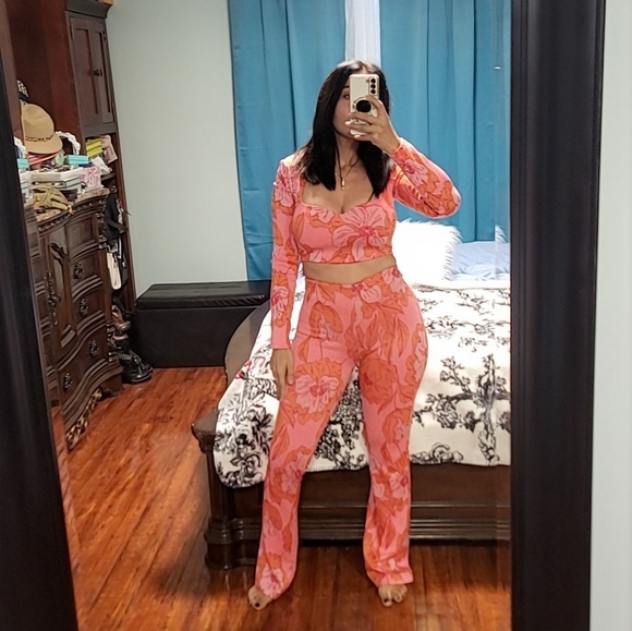 Zara Pink Orange Floral Print Jacquard Crop Top Pants 2 Piece Set small - Picture 13 of 14